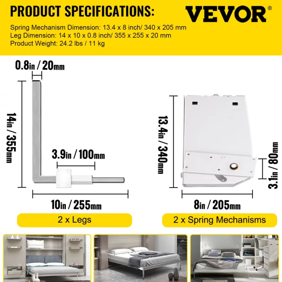 VEVOR Murphy Mounting Wall Springs Mechanism Heavy Duty Support Hardware DIY Kit for King Queen Bed (Vertical), White