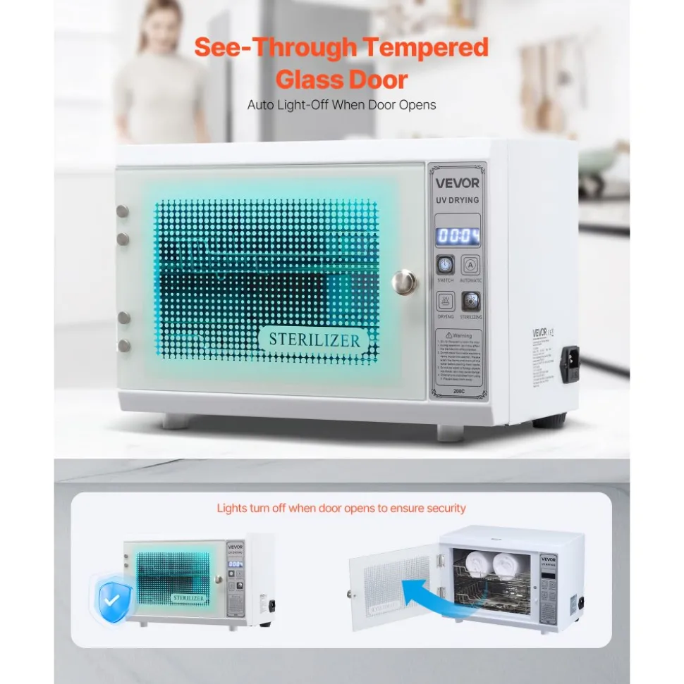 VEVOR Nail Tool Cleaning Machine, 12L Large Capacity, Multi-Functional Tool Cabinet Cleaner Box with Timer Setting, Tempered Glass Door, 185nm Wavelength, for Labs, Home, Nail Salons, Beauty Salons