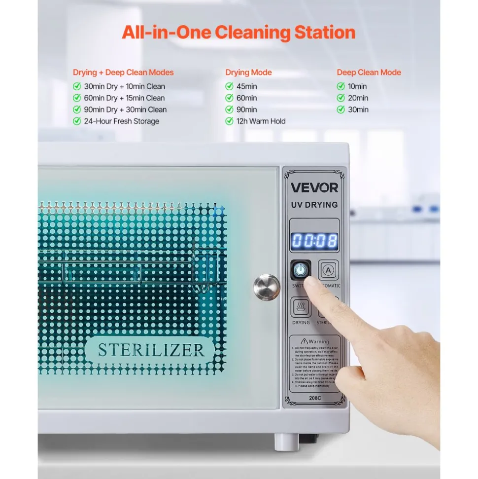 VEVOR Nail Tool Cleaning Machine, 12L Large Capacity, Multi-Functional Tool Cabinet Cleaner Box with Timer Setting, Tempered Glass Door, 185nm Wavelength, for Labs, Home, Nail Salons, Beauty Salons