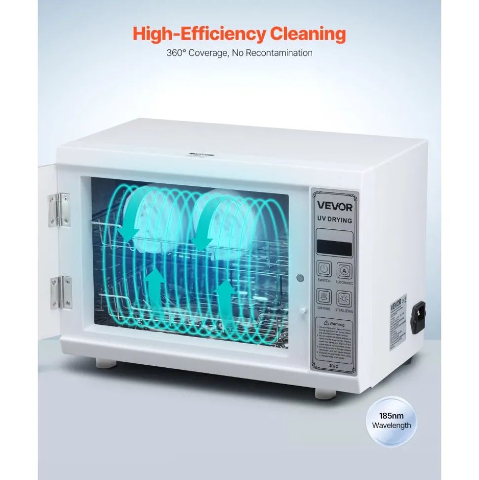 VEVOR Nail Tool Cleaning Machine, 12L Large Capacity, Multi-Functional Tool Cabinet Cleaner Box with Timer Setting, Tempered Glass Door, 185nm Wavelength, for Labs, Home, Nail Salons, Beauty Salons