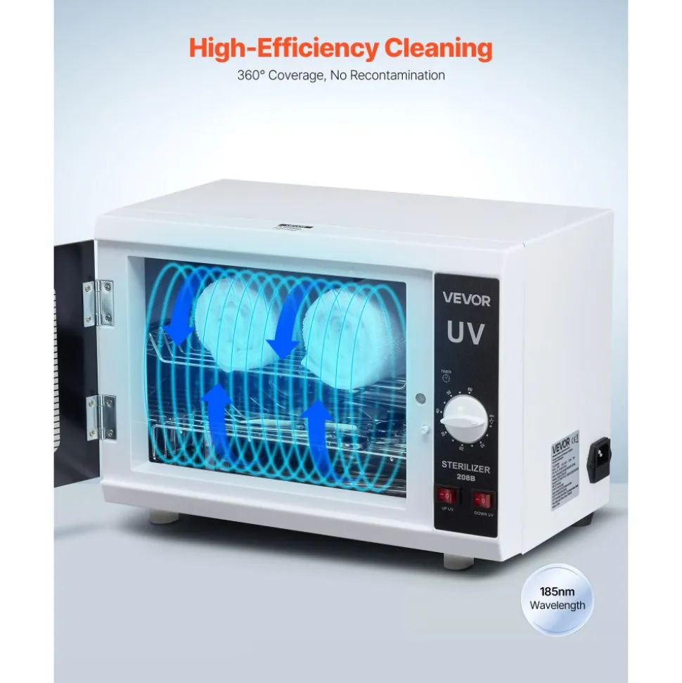 VEVOR Nail Tool Cleaning Machine, 12L Large Capacity, Knob Control, Tool Cabinet Cleaner Box with Timer Setting, Tempered Glass Door, 185nm Wavelength, for Labs, Home, Nail Salons, Beauty Salons