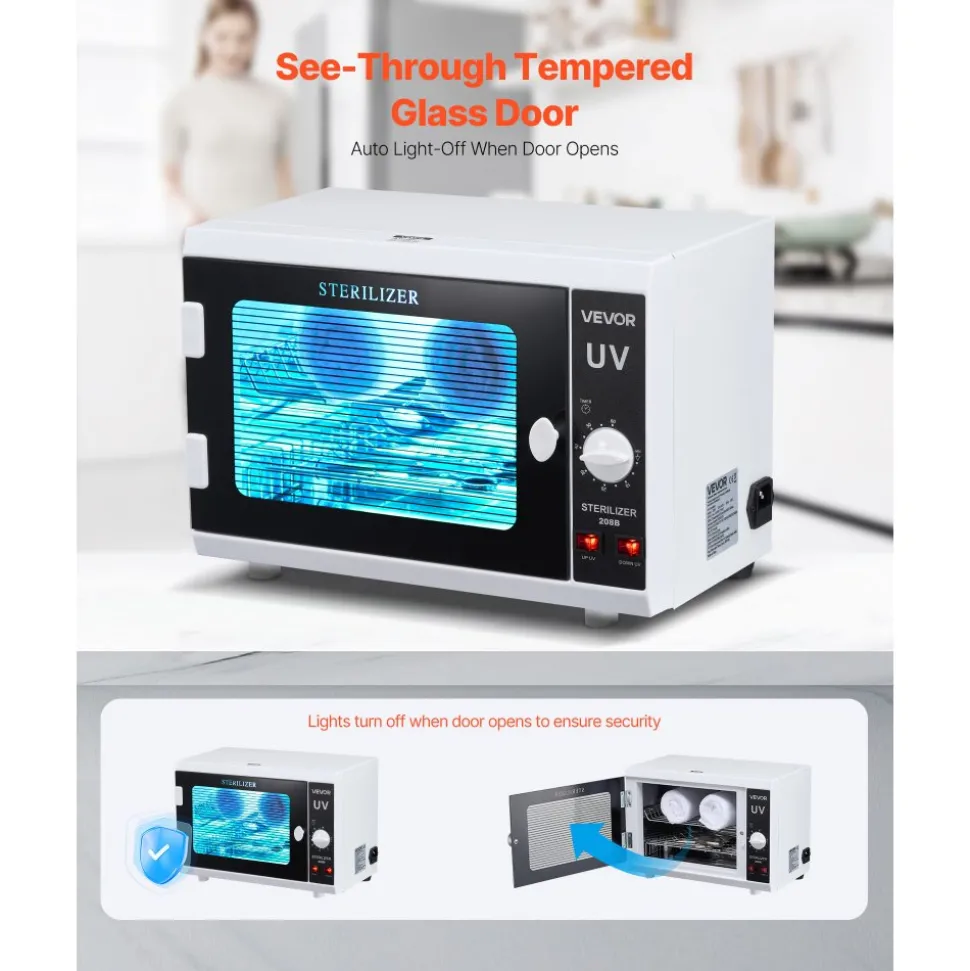 VEVOR Nail Tool Cleaning Machine, 12L Large Capacity, Knob Control, Tool Cabinet Cleaner Box with Timer Setting, Tempered Glass Door, 185nm Wavelength, for Labs, Home, Nail Salons, Beauty Salons