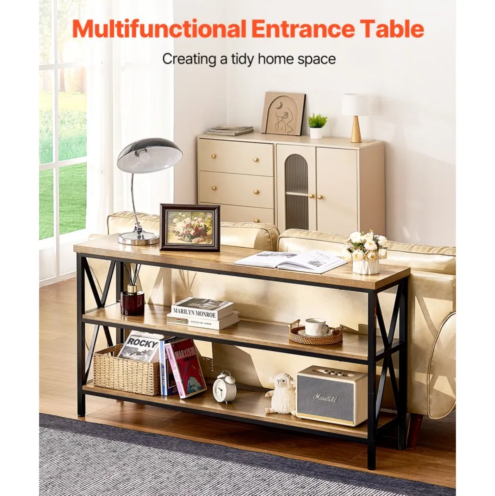 VEVOR Narrow Console Sofa Table, 55.1 inches Behind Couch Table, 3-Tier Long Entryway Table and Skinny Hallway Table, Narrow Sofa Table with Metal Frame, for Entryway, Hallway, Living Room & Bedroom