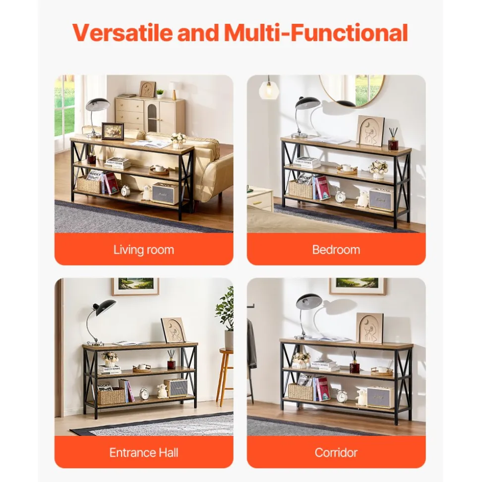VEVOR Narrow Console Sofa Table, 55.1 inches Behind Couch Table, 3-Tier Long Entryway Table and Skinny Hallway Table, Narrow Sofa Table with Metal Frame, for Entryway, Hallway, Living Room & Bedroom