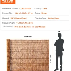 VEVOR Natural Reed Fencing, 5.5 ft x 16.4 ft, Reed Screen Curtain Balcony Reed Fence Roll for Outdoor Backyard Patio, Decorative Fence for Backyard Garden Fencing Divider, Privacy Screen Panel, Brown