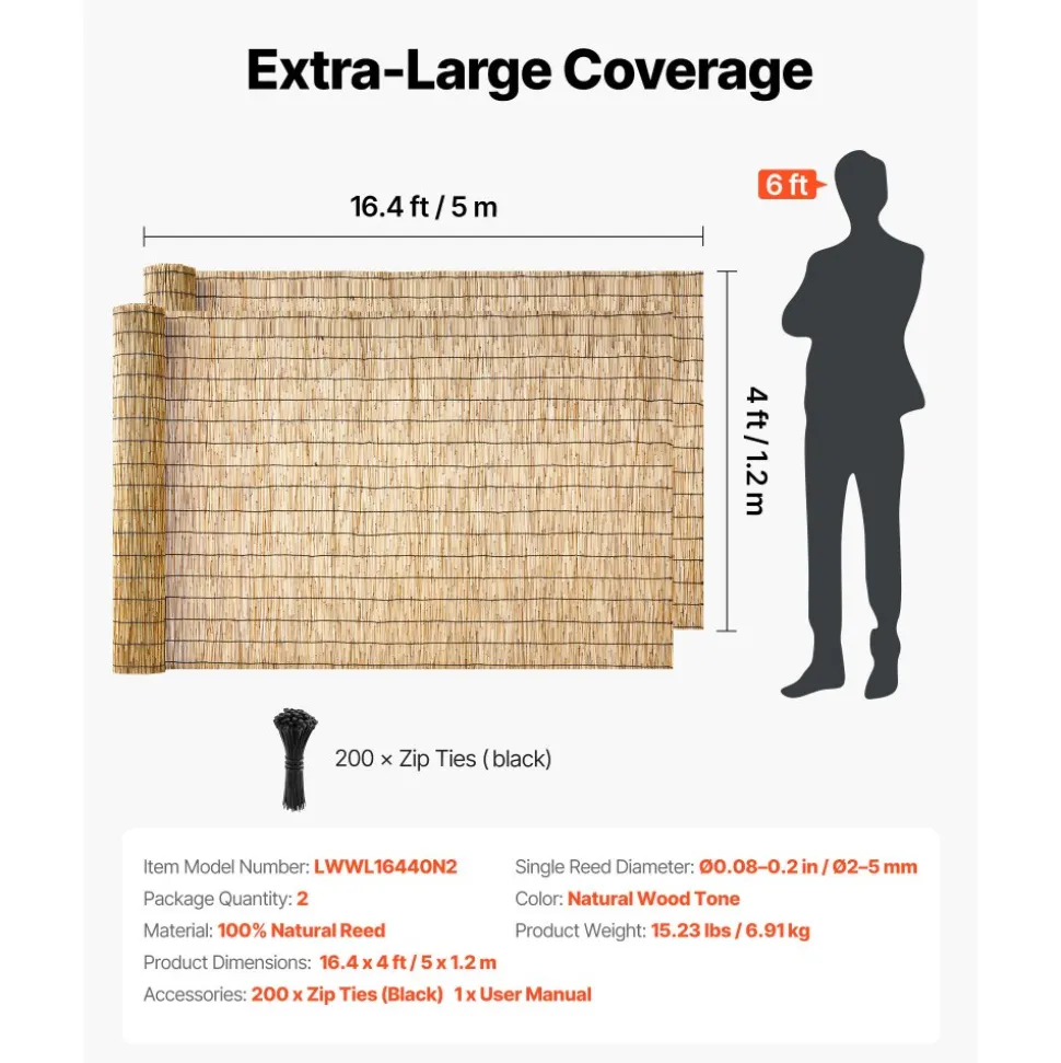 VEVOR Natural Reed Fencing, 4 ft x 16.4 ft, 2 Pack Decorative Natural Reed Fencing Roll, Decorative Fence for Backyard Divider, Privacy Screen Panel Curtain for Balcony Patio Garden Backyard Outdoor