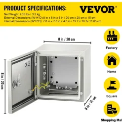 VEVOR NEMA Metal Case, 8x8x6'' NEMA 4X Metal Electric Enclosure, IP66 Water & Dust Resistant, Suitable for Both Outdoor & Indoor Electrical Connections
