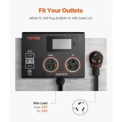 VEVOR NEMA Splitter for Dryer and EV, 3-Color LED Indicator, 240V Smart Power Distribution, With NEMA 10-30 Plug, Two NEMA 10-30 Outlets, 3.4 in LCD Screen, Max 24A Dryer EV, Tested to ETL Standard