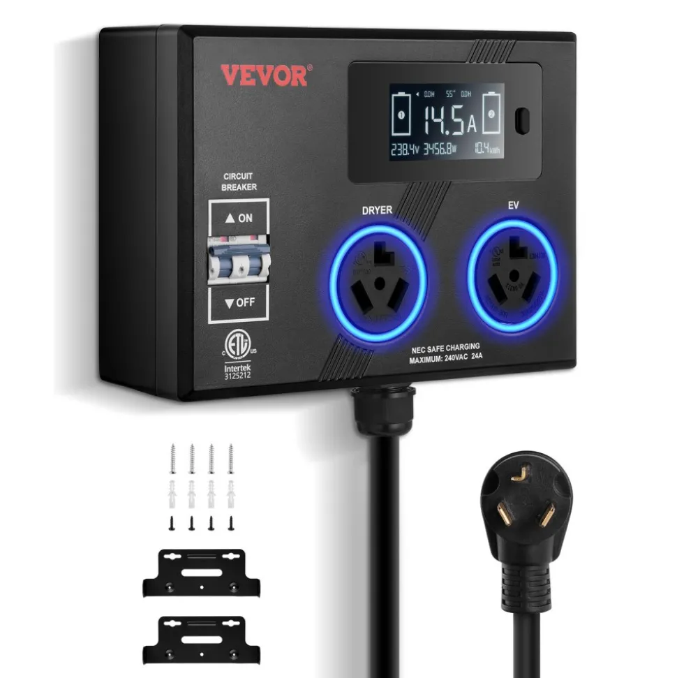 VEVOR NEMA Splitter for Dryer and EV, 3-Color LED Indicator, 240V Smart Power Distribution, With NEMA 10-30 Plug, Two NEMA 10-30 Outlets, 3.4 in LCD Screen, Max 24A Dryer EV, Tested to ETL Standard