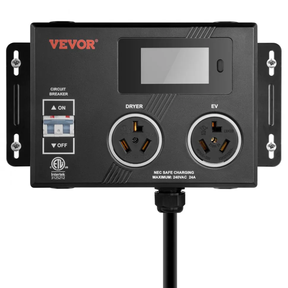 VEVOR NEMA Splitter for Dryer and EV, 3-Color LED Indicator, 240V Smart Power Distribution, With NEMA 10-30 Plug, Two NEMA 10-30 Outlets, 3.4 in LCD Screen, Max 24A Dryer EV, Tested to ETL Standard