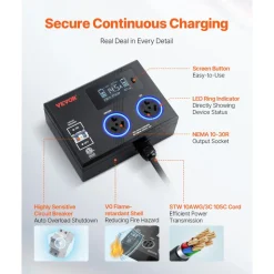 VEVOR NEMA Splitter for Dryer and EV, 3-Color LED Indicator, 240V Smart Power Distribution, With NEMA 10-30 Plug, Two NEMA 10-30 Outlets, 3.4 in LCD Screen, Max 24A Dryer EV, Tested to ETL Standard