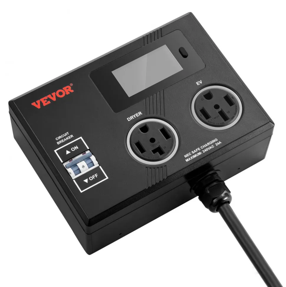 VEVOR NEMA Splitter for Dryer and EV, 3-Color LED Indicator, 240V Smart Power Distribution, With NEMA 14-30 Plug, NEMA 14-30 & NEMA 14-50 Outlets, Large 3.4-Inch LCD Screen, for Max 24A Dryer or EV