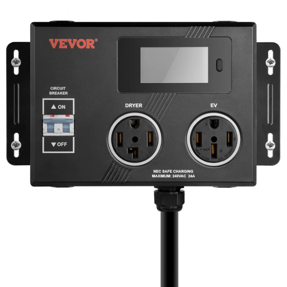 VEVOR NEMA Splitter for Dryer and EV, 3-Color LED Indicator, 240V Smart Power Distribution, With NEMA 14-30 Plug, NEMA 14-30 & NEMA 14-50 Outlets, Large 3.4-Inch LCD Screen, for Max 24A Dryer or EV