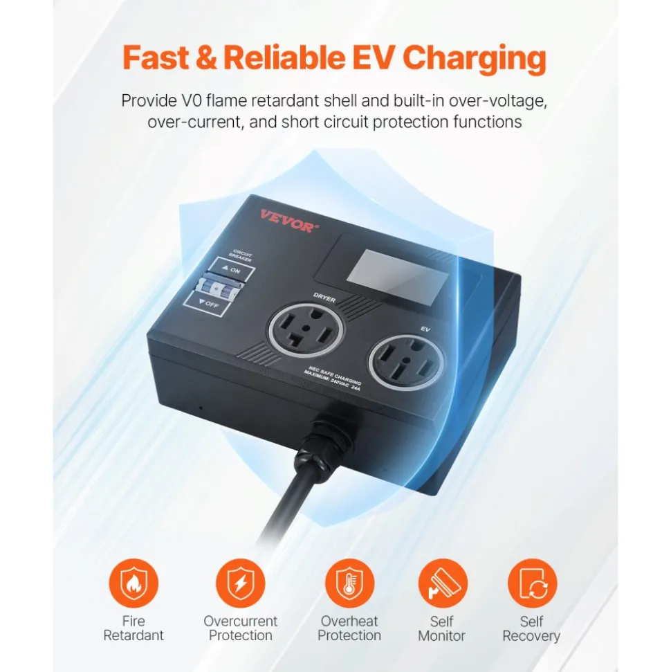 VEVOR NEMA Splitter for Dryer and EV, 3-Color LED Indicator, 240V Smart Power Distribution, With NEMA 14-30 Plug, NEMA 14-30 & NEMA 14-50 Outlets, Large 3.4-Inch LCD Screen, for Max 24A Dryer or EV