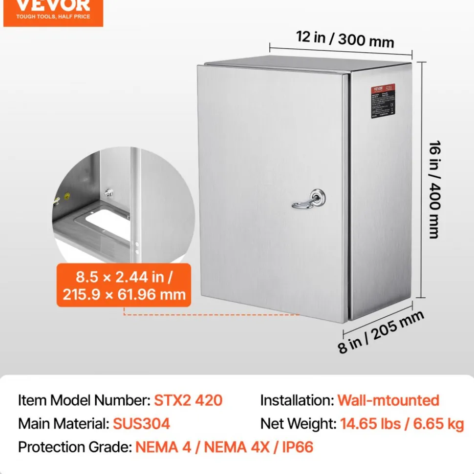 VEVOR NEMA Stainless Steel Enclosure, 16 x 12 x 8'' NEMA 4X Steel Electrical Box, IP66 Waterproof & Dustproof, Outdoor/Indoor Electrical Junction Box, with Mounting Plate