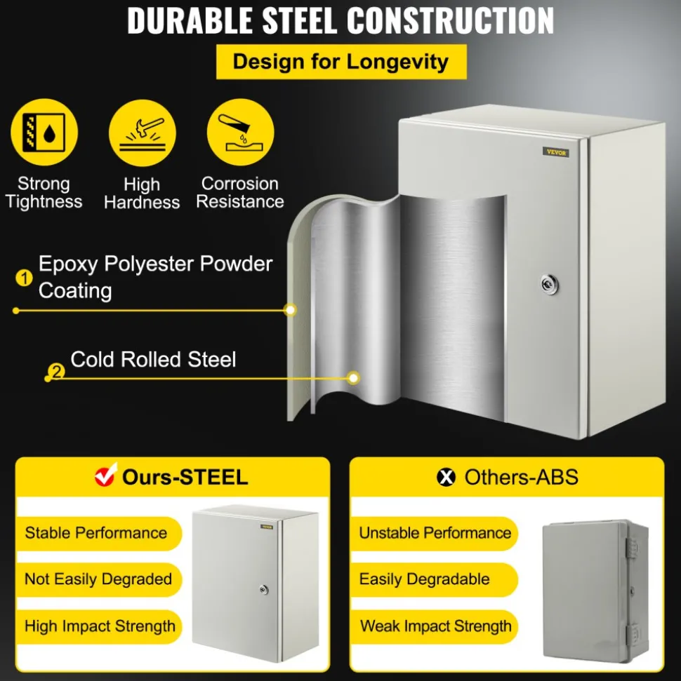 VEVOR NEMA Steel Case, Dimensions 16x12x8 inches, NEMA 4X Steel Electric Enclosure, IP66 Rated for Water and Dust Resistance, Suitable for Both Outdoor and Indoor Use, Includes Mounting Plate