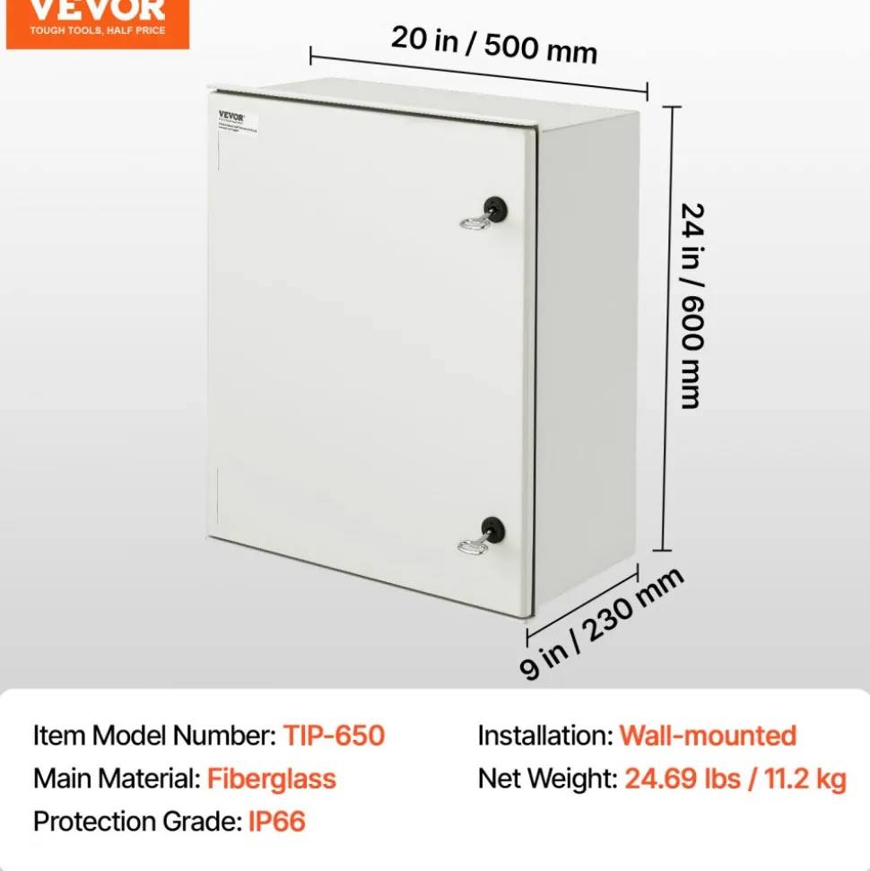 VEVOR NEMA Steel Case, 24x20x9'' NEMA 4X Fiberglass Electric Enclosure, IP66 Water & Dust Resistant, Suitable for Both Outdoor & Indoor Use, Includes Mounting Plate (60x50x23 cm)