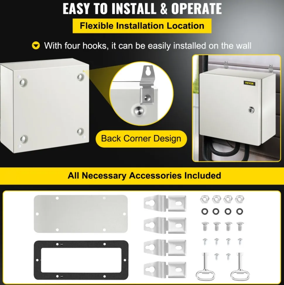 VEVOR NEMA Steel Enclosure, 12 x 12 x 6'' NEMA 4X Steel Electrical Box, IP66 Waterproof & Dustproof, Outdoor/Indoor Electrical Junction Box, with Mounting Plate