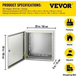 VEVOR NEMA Steel Enclosure, 20 x 20 x 6'' NEMA 4X Steel Electrical Box, IP66 Waterproof & Dustproof, Outdoor/Indoor Electrical Junction Box, with Mounting Plate