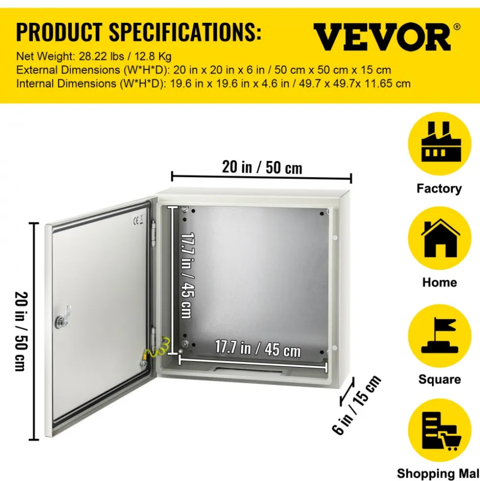 VEVOR NEMA Steel Enclosure, 20 x 20 x 6'' NEMA 4X Steel Electrical Box, IP66 Waterproof & Dustproof, Outdoor/Indoor Electrical Junction Box, with Mounting Plate