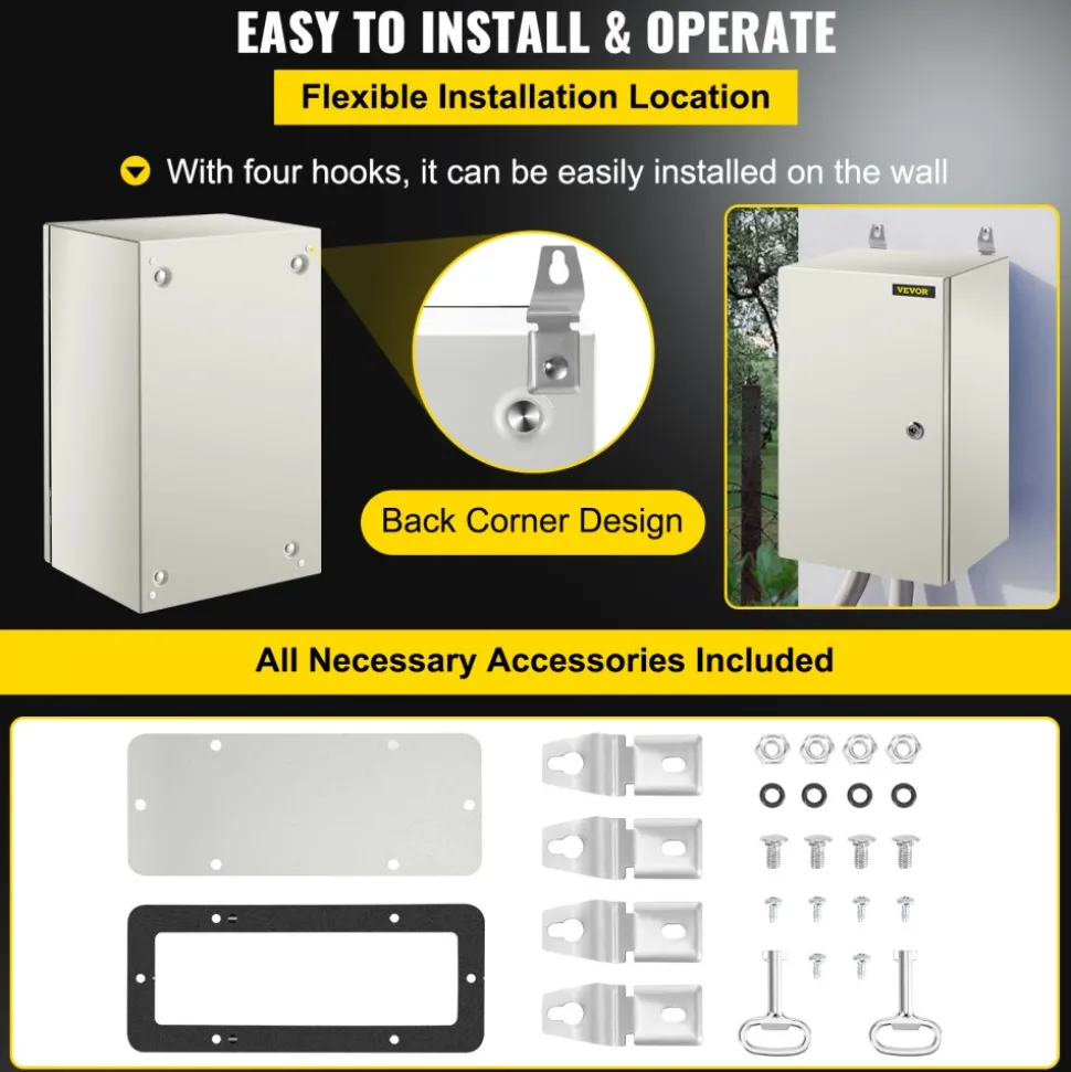 VEVOR NEMA Steel Enclosure, 20 x 12 x 10'' NEMA 4X Steel Electrical Box, IP66 Waterproof & Dustproof, Outdoor/Indoor Electrical Junction Box, with Mounting Plate