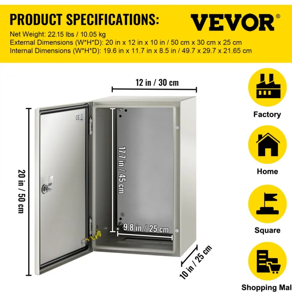 VEVOR NEMA Steel Enclosure, 20 x 12 x 10'' NEMA 4X Steel Electrical Box, IP66 Waterproof & Dustproof, Outdoor/Indoor Electrical Junction Box, with Mounting Plate