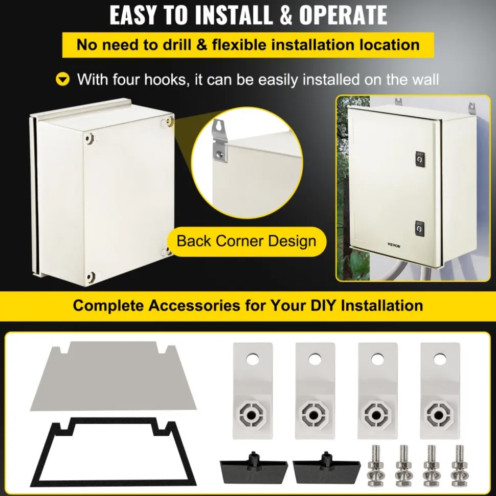 VEVOR NEMA Steel Enclosure, 16 x 12 x 8'' NEMA 4X Fiberglass Electrical Box, IP66 Waterproof & Dustproof, Outdoor/Indoor Electrical Junction Box, with Mounting Plate(40 x 30 x 20 cm)