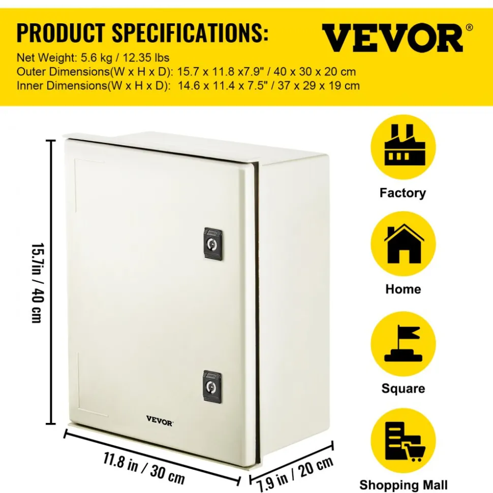 VEVOR NEMA Steel Enclosure, 16 x 12 x 8'' NEMA 4X Fiberglass Electrical Box, IP66 Waterproof & Dustproof, Outdoor/Indoor Electrical Junction Box, with Mounting Plate(40 x 30 x 20 cm)