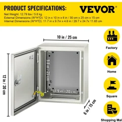 VEVOR NEMA Steel Enclosure, 12 x 10 x 6'' NEMA 4X Steel Electrical Box, IP66 Waterproof & Dustproof, Outdoor/Indoor Electrical Junction Box, with Mounting Plate