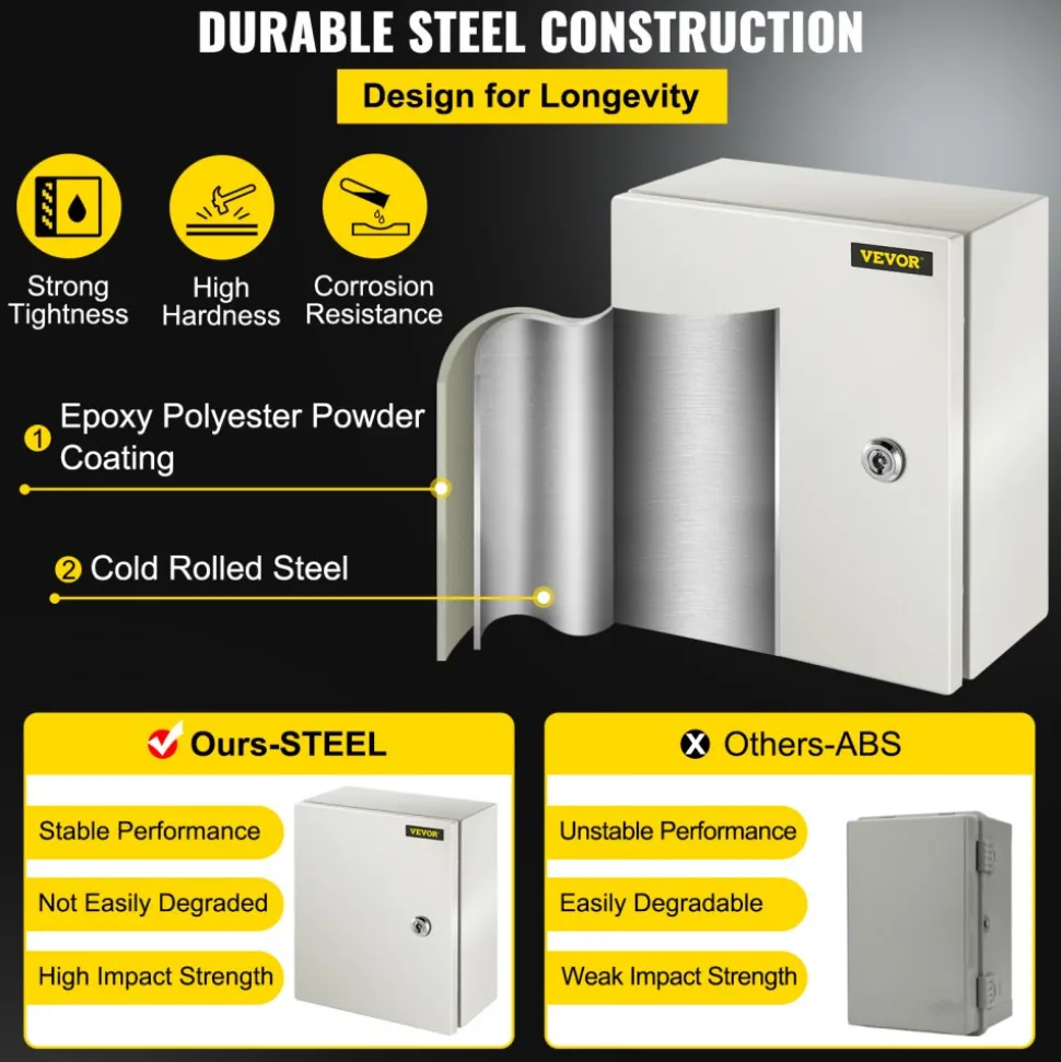 VEVOR NEMA Steel Enclosure, 12 x 10 x 6'' NEMA 4X Steel Electrical Box, IP66 Waterproof & Dustproof, Outdoor/Indoor Electrical Junction Box, with Mounting Plate
