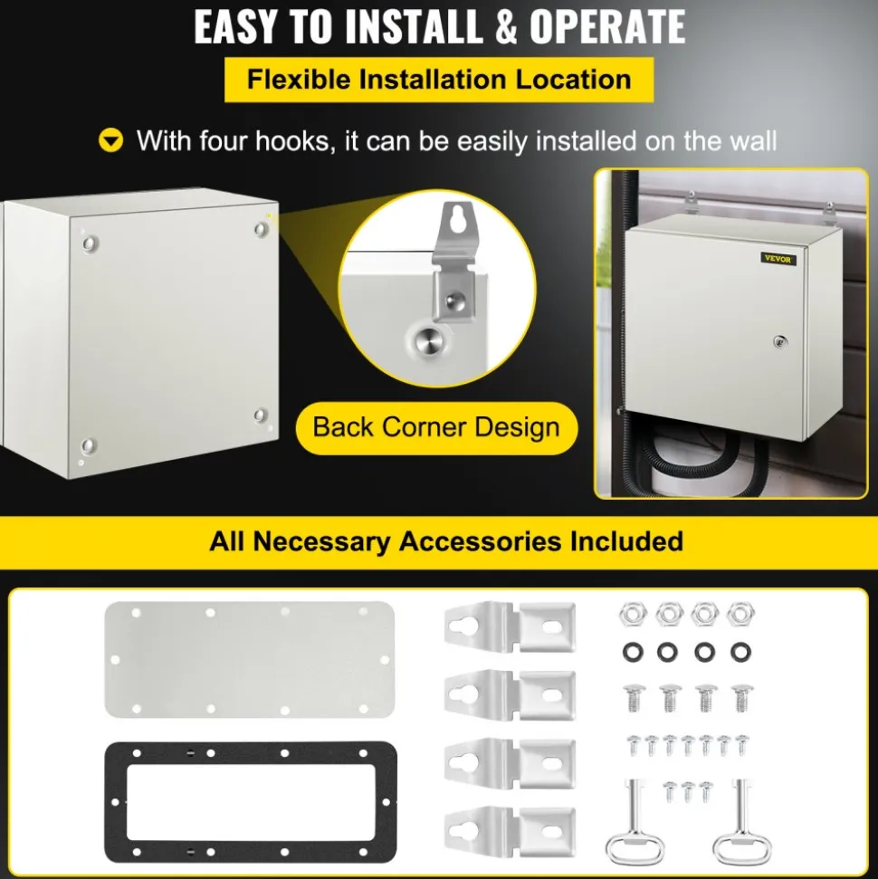 VEVOR NEMA Steel Enclosure, 16 x 16 x 8'' NEMA 4X Steel Electrical Box, IP66 Waterproof & Dustproof, Outdoor/Indoor Electrical Junction Box, with Mounting Plate