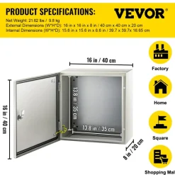 VEVOR NEMA Steel Enclosure, 16 x 16 x 8'' NEMA 4X Steel Electrical Box, IP66 Waterproof & Dustproof, Outdoor/Indoor Electrical Junction Box, with Mounting Plate