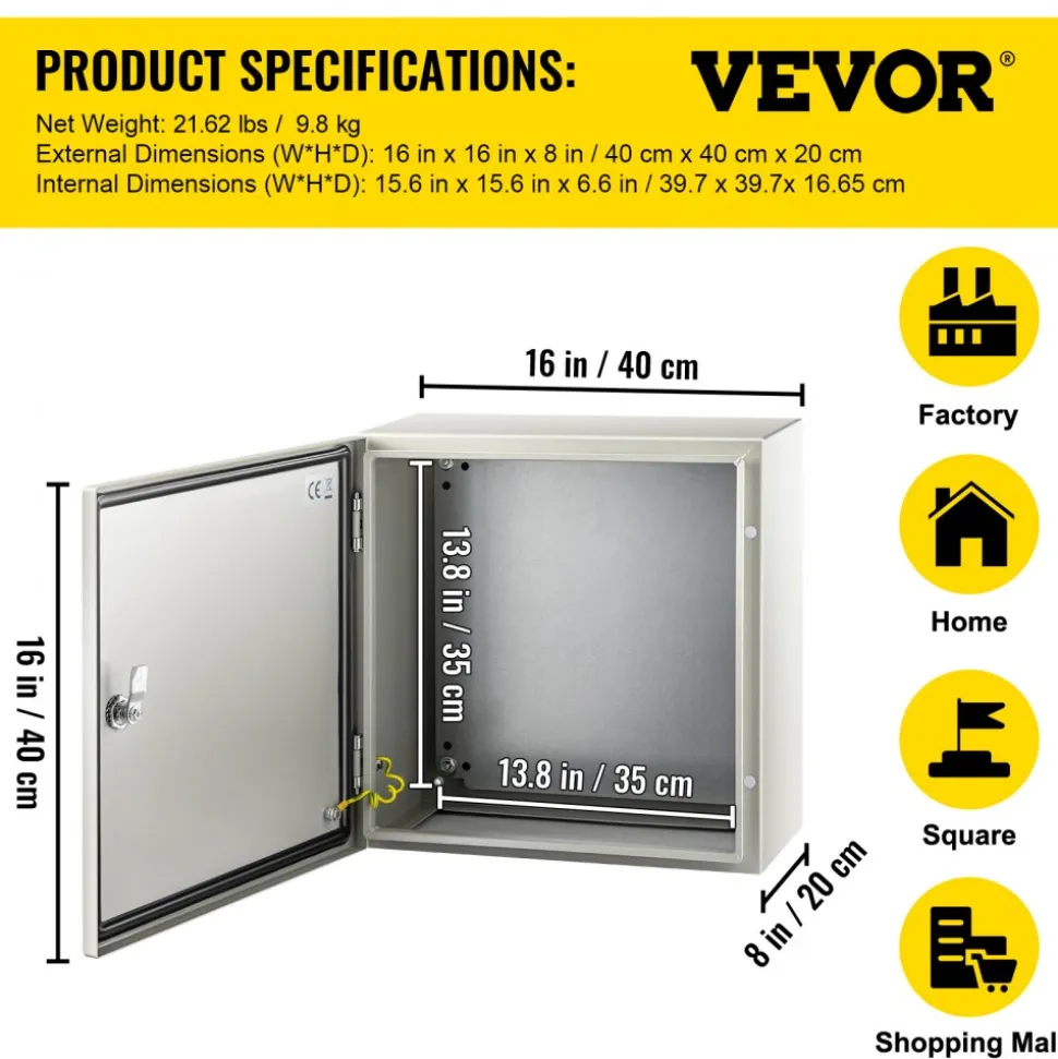 VEVOR NEMA Steel Enclosure, 16 x 16 x 8'' NEMA 4X Steel Electrical Box, IP66 Waterproof & Dustproof, Outdoor/Indoor Electrical Junction Box, with Mounting Plate