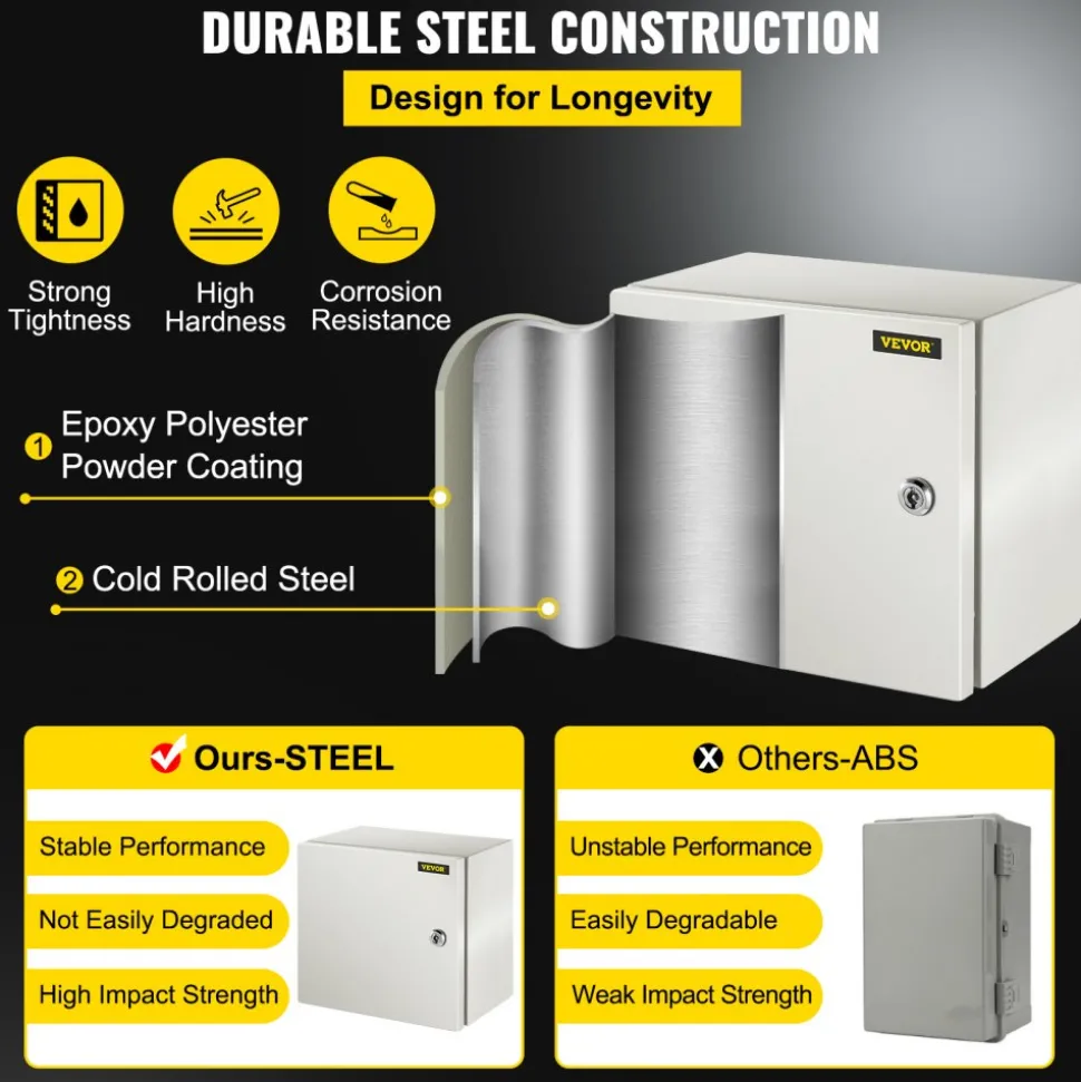 VEVOR NEMA Steel Enclosure, 12 x 12 x 8'' NEMA 4X Steel Electrical Box, IP66 Waterproof & Dustproof, Outdoor/Indoor Electrical Junction Box, with Mounting Plate