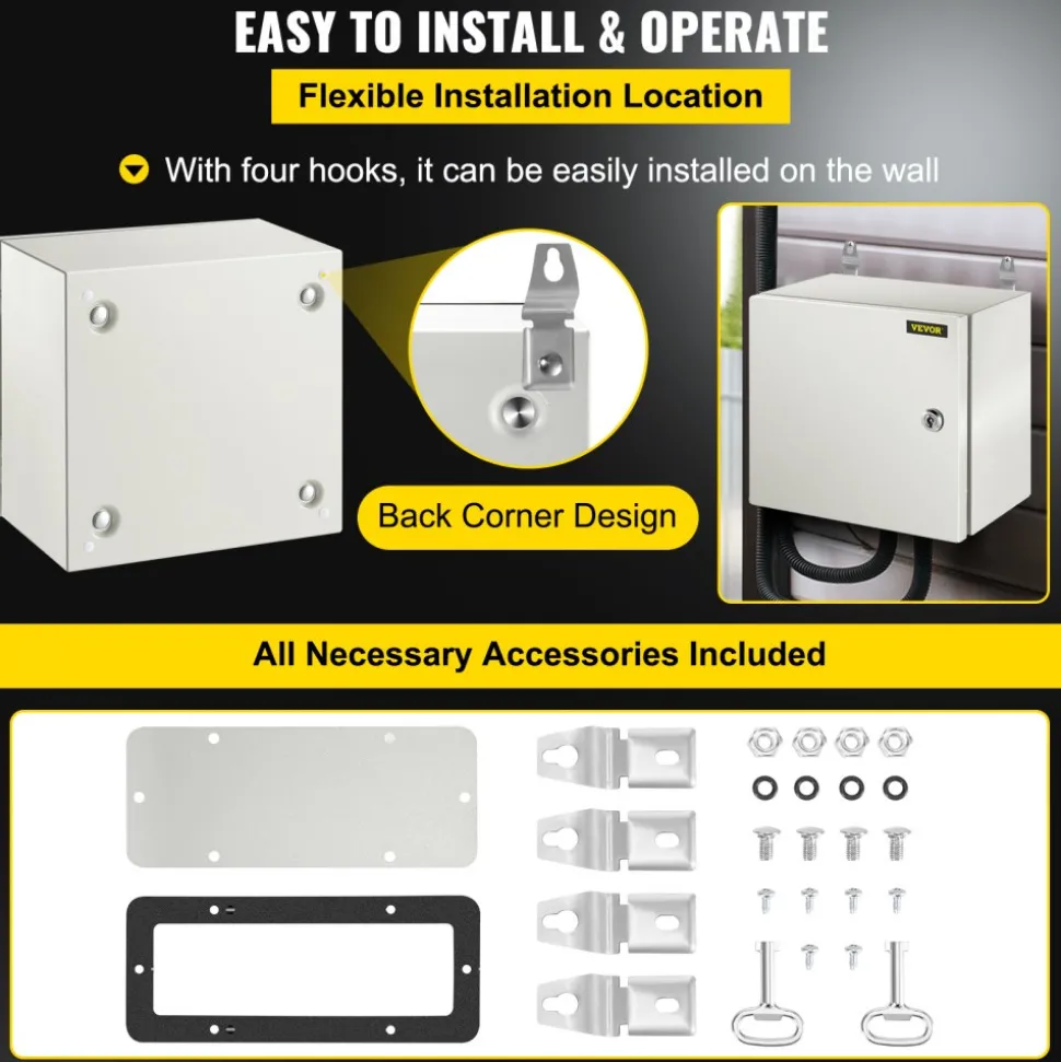 VEVOR NEMA Steel Enclosure, 12 x 12 x 8'' NEMA 4X Steel Electrical Box, IP66 Waterproof & Dustproof, Outdoor/Indoor Electrical Junction Box, with Mounting Plate