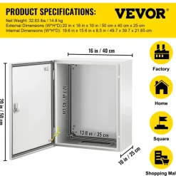 VEVOR NEMA Steel Enclosure, 24 x 16 x 9'' NEMA 4X Fiberglass Electrical Box, IP66 Waterproof & Dustproof, Outdoor/Indoor Electrical Junction Box, with Mounting Plate(60 x 40 x 23 cm)