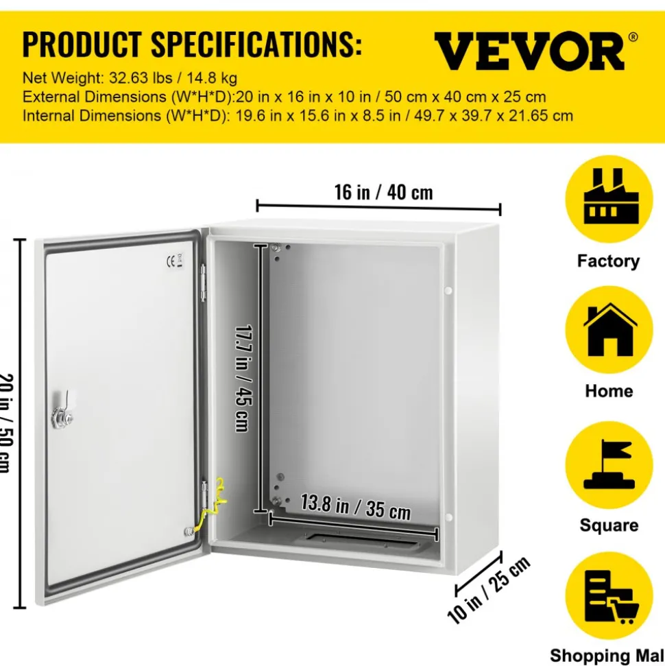VEVOR NEMA Steel Enclosure, 24 x 16 x 9'' NEMA 4X Fiberglass Electrical Box, IP66 Waterproof & Dustproof, Outdoor/Indoor Electrical Junction Box, with Mounting Plate(60 x 40 x 23 cm)