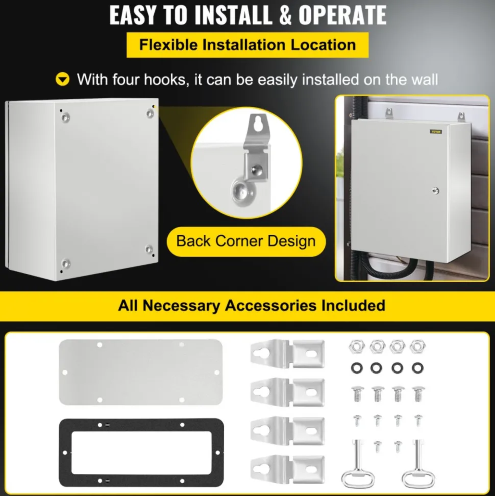 VEVOR NEMA Steel Enclosure, 24 x 16 x 9'' NEMA 4X Fiberglass Electrical Box, IP66 Waterproof & Dustproof, Outdoor/Indoor Electrical Junction Box, with Mounting Plate(60 x 40 x 23 cm)
