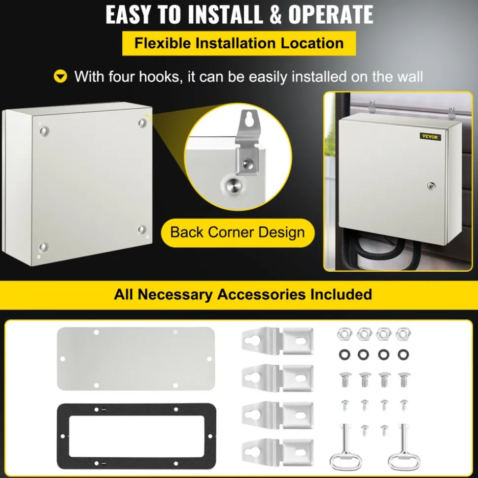 VEVOR NEMA Steel Enclosure, 16 x 16 x 6'' NEMA 4X Steel Electrical Box, IP66 Waterproof & Dustproof, Outdoor/Indoor Electrical Junction Box, with Mounting Plate