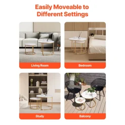 VEVOR Nesting Coffee Table Set of 2, 23.6 in Round Coffee Table, Nesting Tables for Small Place, Vintage End Side Tables Night Stand with Metal Frame, for Living Room, Bedroom, Office (White & Gold)