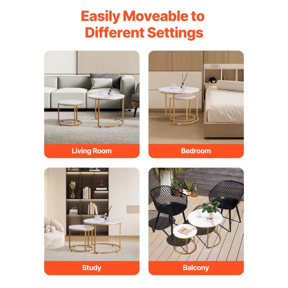 VEVOR Nesting Coffee Table Set of 2, 23.6 in Round Coffee Table, Nesting Tables for Small Place, Vintage End Side Tables Night Stand with Metal Frame, for Living Room, Bedroom, Office (White & Gold)