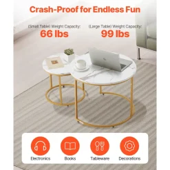 VEVOR Nesting Coffee Table Set of 2, 23.6 in Round Coffee Table, Nesting Tables for Small Place, Vintage End Side Tables Night Stand with Metal Frame, for Living Room, Bedroom, Office (White & Gold)