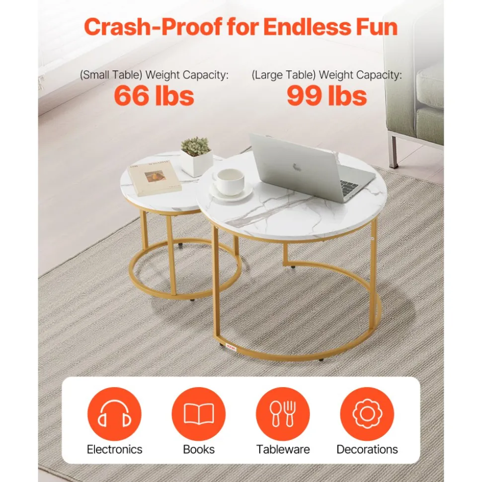 VEVOR Nesting Coffee Table Set of 2, 23.6 in Round Coffee Table, Nesting Tables for Small Place, Vintage End Side Tables Night Stand with Metal Frame, for Living Room, Bedroom, Office (White & Gold)