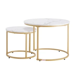 VEVOR Nesting Coffee Table Set of 2, 23.6 in Round Coffee Table, Nesting Tables for Small Place, Vintage End Side Tables Night Stand with Metal Frame, for Living Room, Bedroom, Office (White & Gold)