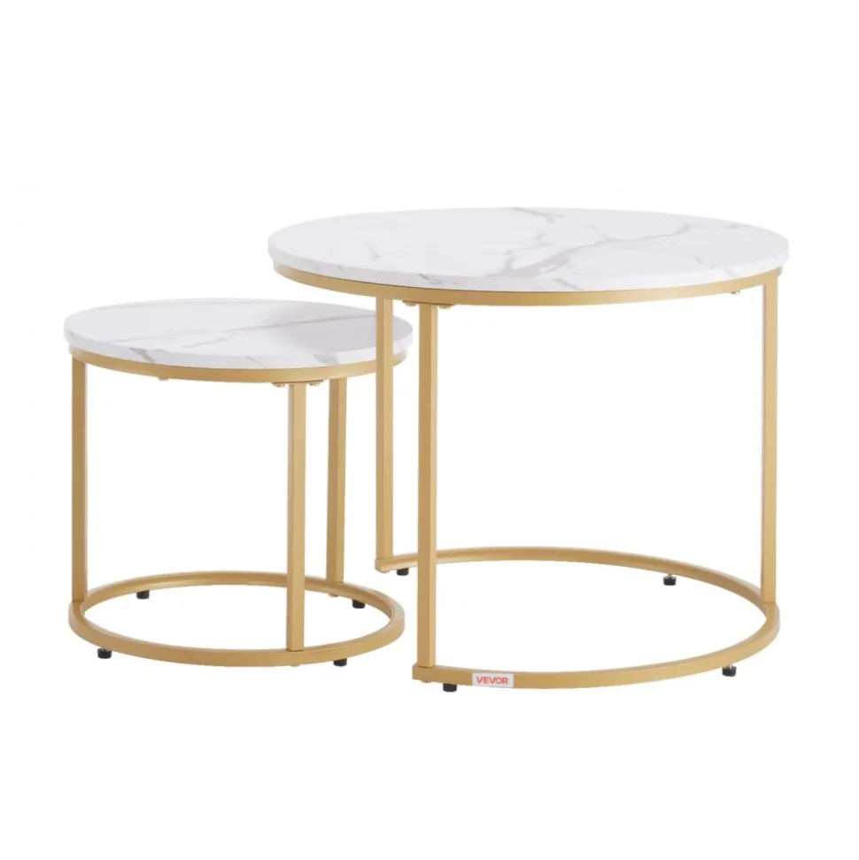 VEVOR Nesting Coffee Table Set of 2, 23.6 in Round Coffee Table, Nesting Tables for Small Place, Vintage End Side Tables Night Stand with Metal Frame, for Living Room, Bedroom, Office (White & Gold)