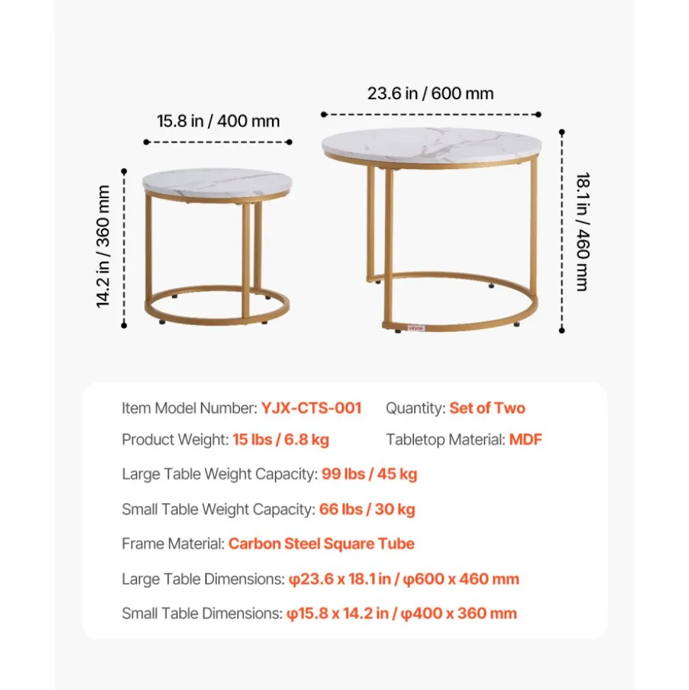 VEVOR Nesting Coffee Table Set of 2, 23.6 in Round Coffee Table, Nesting Tables for Small Place, Vintage End Side Tables Night Stand with Metal Frame, for Living Room, Bedroom, Office (White & Gold)