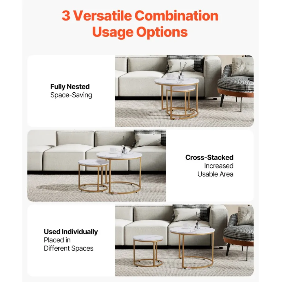 VEVOR Nesting Coffee Table Set of 2, 23.6 in Round Coffee Table, Nesting Tables for Small Place, Vintage End Side Tables Night Stand with Metal Frame, for Living Room, Bedroom, Office (White & Gold)