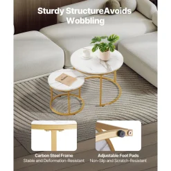 VEVOR Nesting Coffee Table Set of 2, 23.6 in Round Coffee Table, Nesting Tables for Small Place, Vintage End Side Tables Night Stand with Metal Frame, for Living Room, Bedroom, Office (White & Gold)