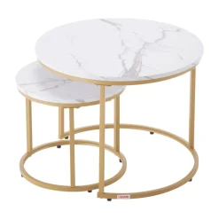 VEVOR Nesting Coffee Table Set of 2, 23.6 in Round Coffee Table, Nesting Tables for Small Place, Vintage End Side Tables Night Stand with Metal Frame, for Living Room, Bedroom, Office (White & Gold)