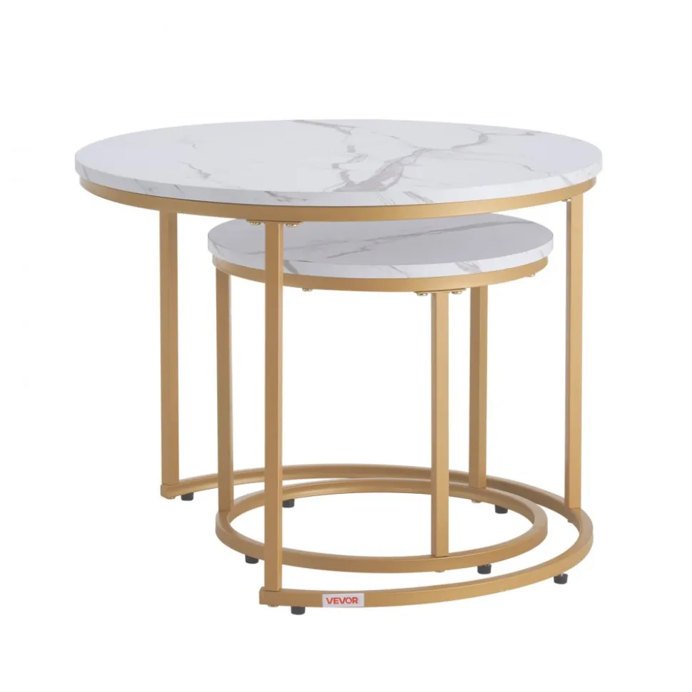 VEVOR Nesting Coffee Table Set of 2, 23.6 in Round Coffee Table, Nesting Tables for Small Place, Vintage End Side Tables Night Stand with Metal Frame, for Living Room, Bedroom, Office (White & Gold)